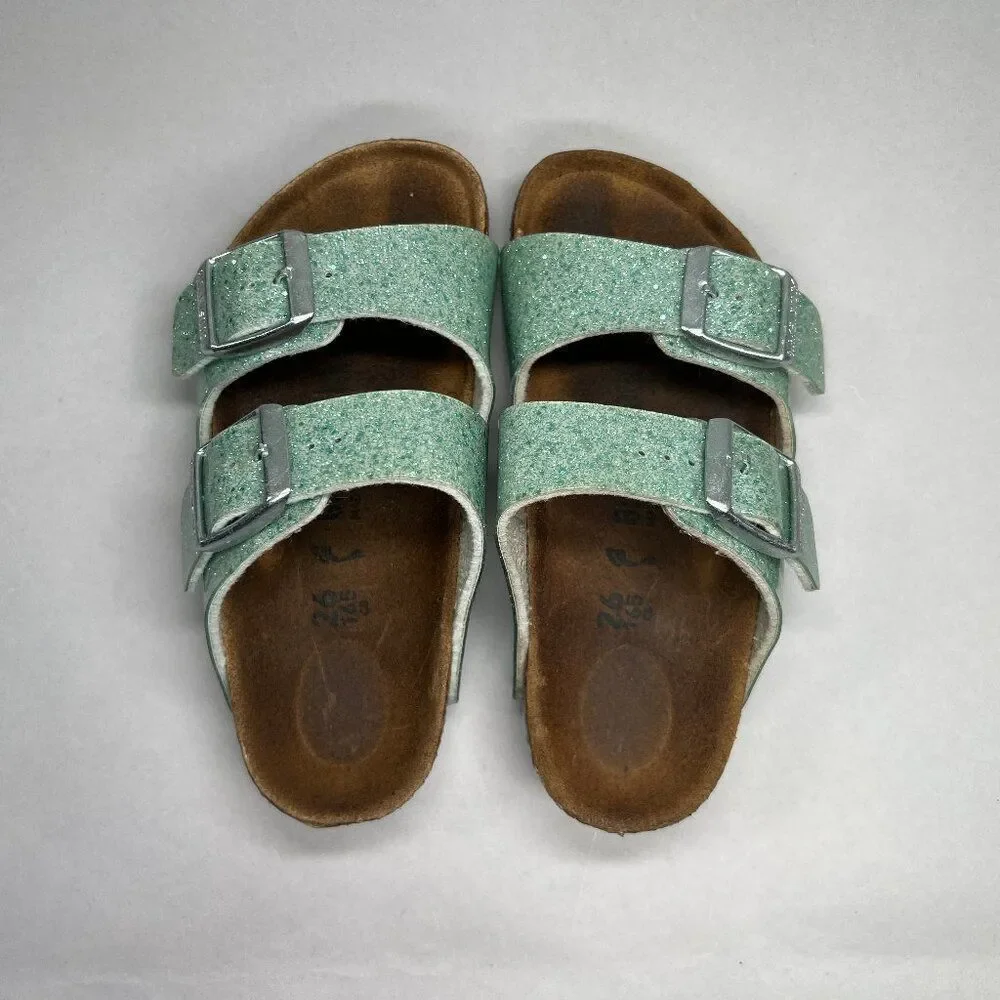 Birkenstock Arizona Sandals Little Girls Size 8.5 Sparkly Turquoise Buckle Slide